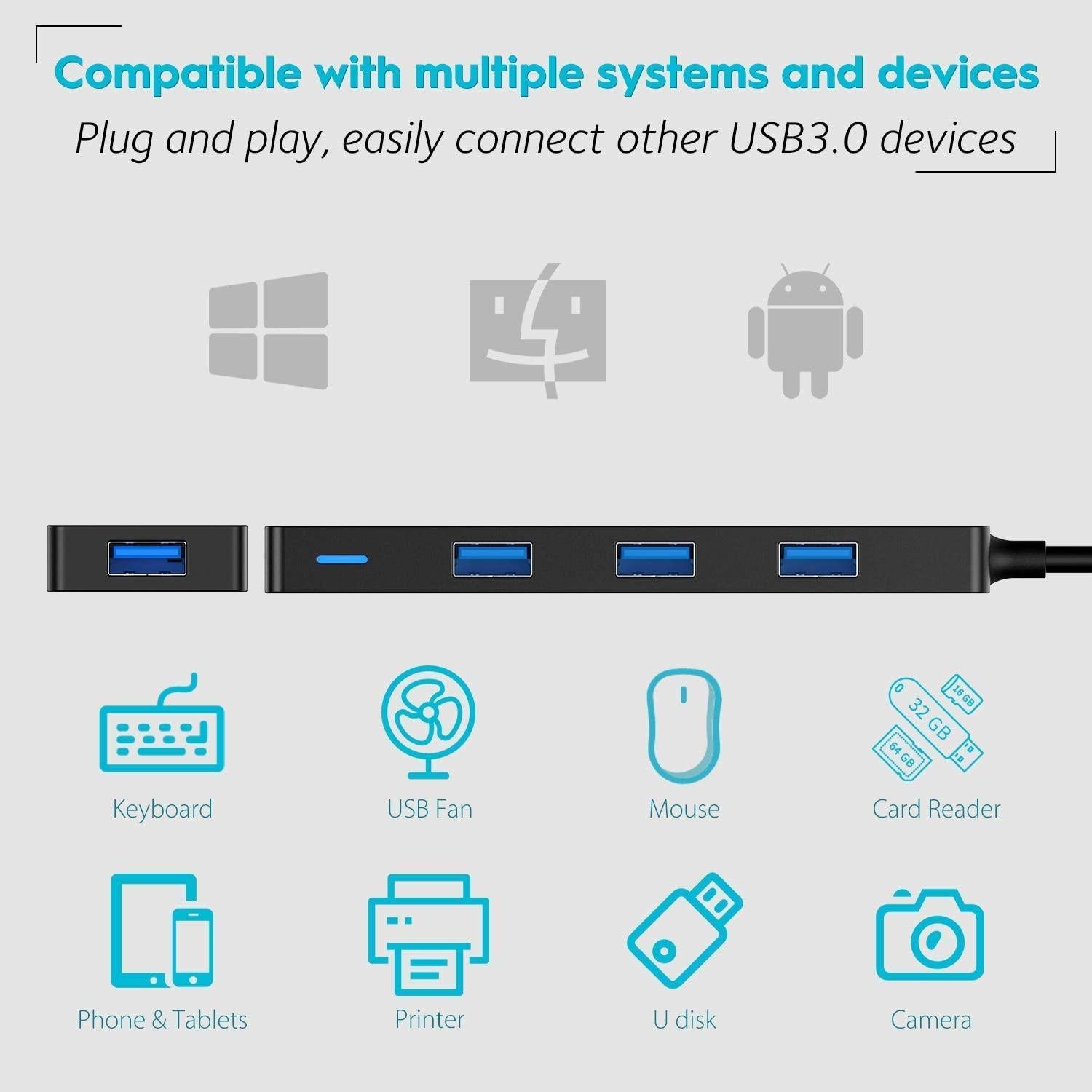 NÖRDIC USB C 3.1 4Port 5Gbps Hub 17cm kabel svart