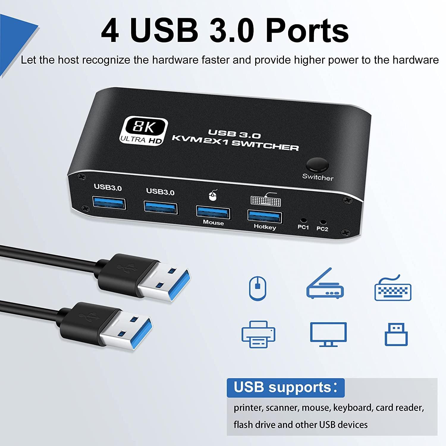 NÖRDIC HDMI 2.1 8K60Hz KVM-svitsj 2 til 1 HDCP2.3 HDR10 med 4XUSB-A-utgang