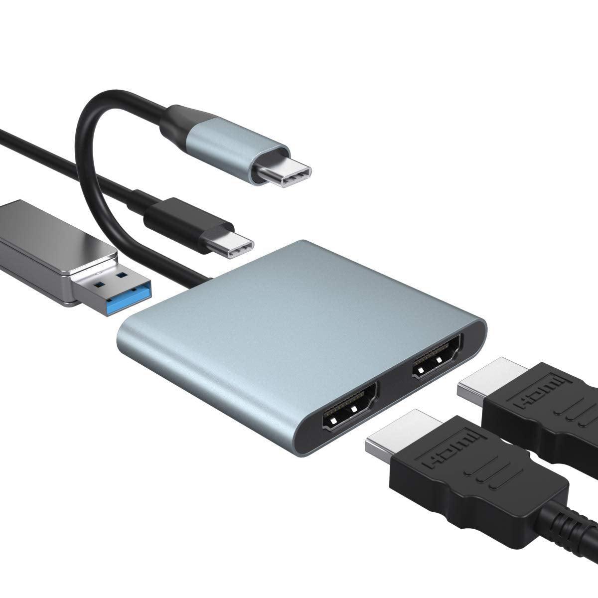 NÖRDIC USB-C til 2xHDMI-adapter 4K30Hz 1xUSB-C 60W PD 1xUSB-A 3.1 5Gbps MST