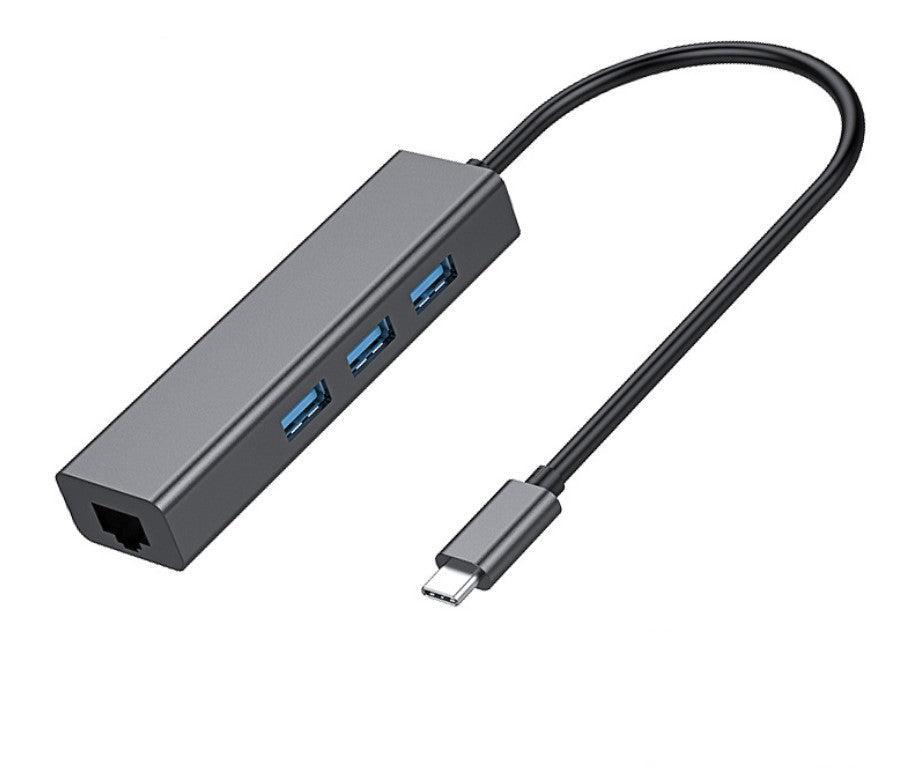 NÖRDIC USB C til Ethernet Giga Network Adapter med 3xUSB 3.1 Hub, 17cm, Aluminium Space Gray