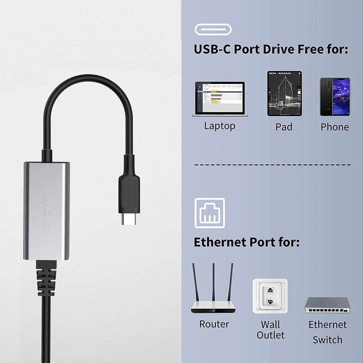 Usbc Network Interface NÖRDIC USBC til Giga Ethernet Network Adapter 17cm Space Grey Aluminiu
