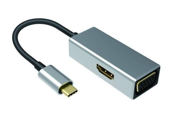 NÖRDIC USB C til HDMI 4K i 30Hz og VGA 1080P speil og utvidet modus 10cm kabel aluminiumsrom grå