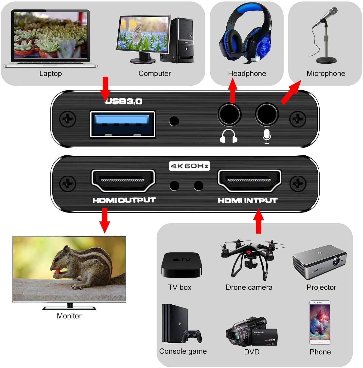 NÖRDIC Videoopptaksadapter USB3.0 HDMI-utgang 4K 60Hz HDMI med sløyfemikrofon og lydutgang HDMI-signalsløyfeutgang