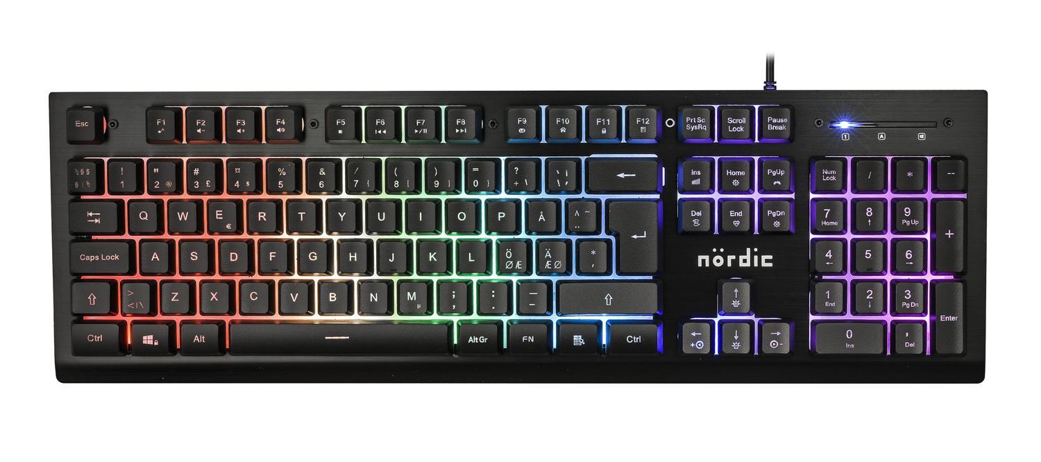 NÖRDIC bakgrunnsbelyst kablet RGB-tastatur, nordisk, membranbryter, 25 anti-ghosting-taster, mediataster, aluminium, ABS-plast, USB