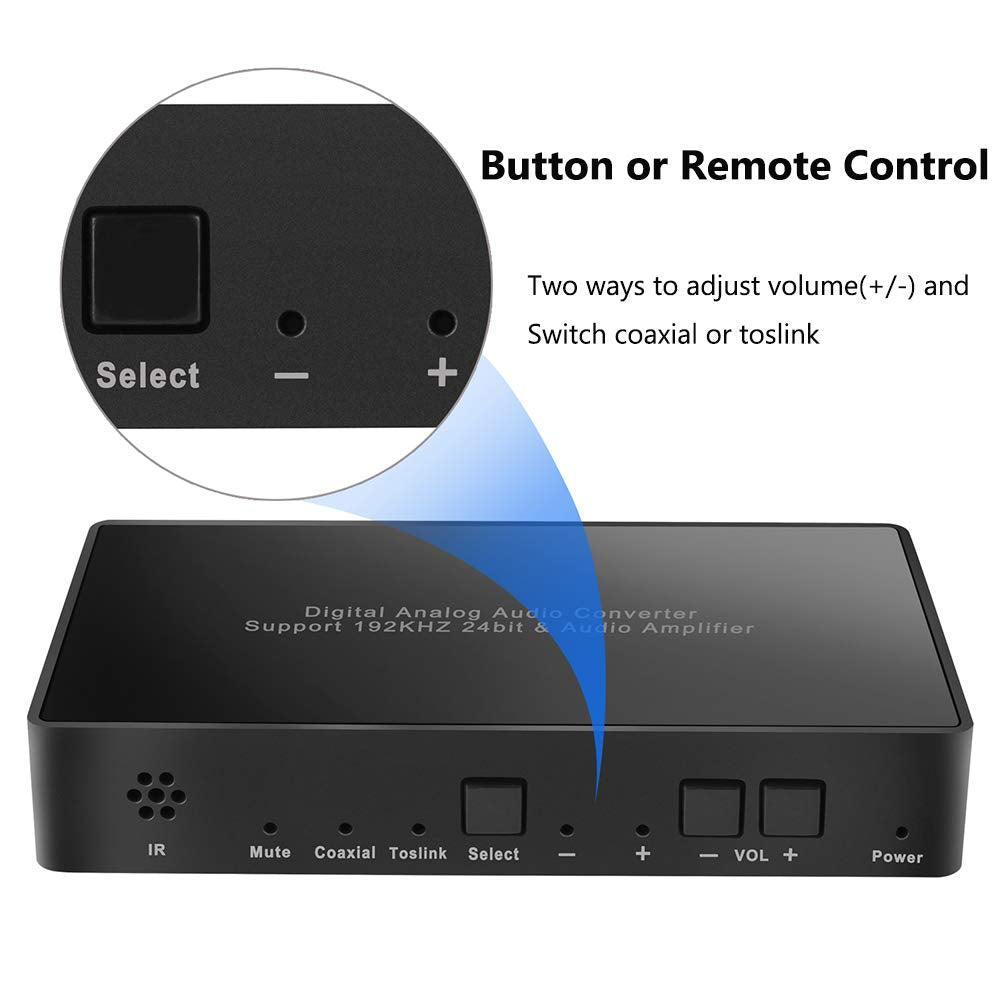 NÖRDIC digital til analog lydkonverter Mini DAC, TOSLINK og koaksial til RCA L / R Audio og 3,5 mm AUX-utgang med fjernkontroll D / A-konverter