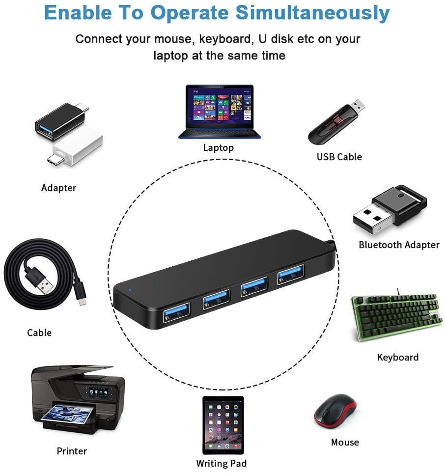 NÖRDIC drevet 4-ports hub USB 3.0 5Gbps 25 cm kabel aluminium svart med strømforsyning