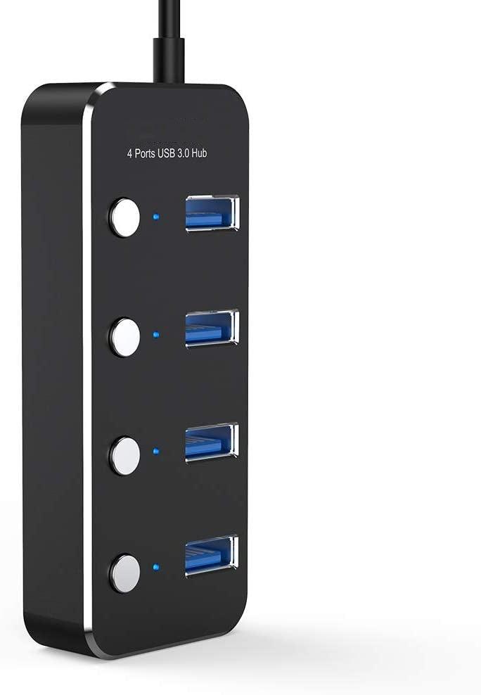 NÖRDIC drevet 4-ports hub USB 3.0 5Gbps med individuell bryter 25 cm kabel aluminium svart med strømforsyning