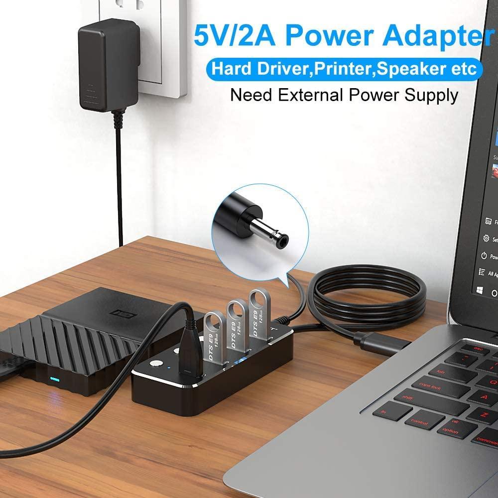 NÖRDIC drevet 4-ports hub USB-C 3.0 5Gbps med individuell bryter 25 cm kabel aluminium svart med strømforsyning