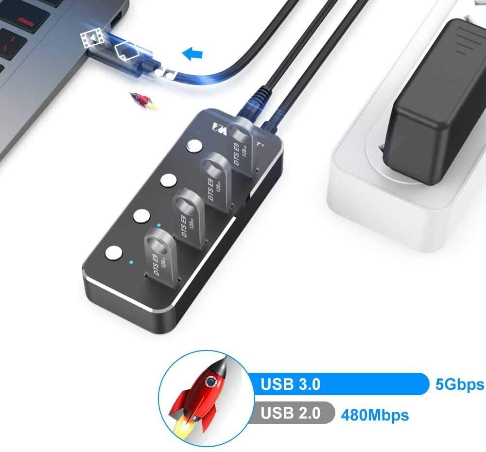 NÖRDIC drevet 4-ports hub USB-C 3.0 5Gbps med individuell bryter 25 cm kabel aluminium svart med strømforsyning
