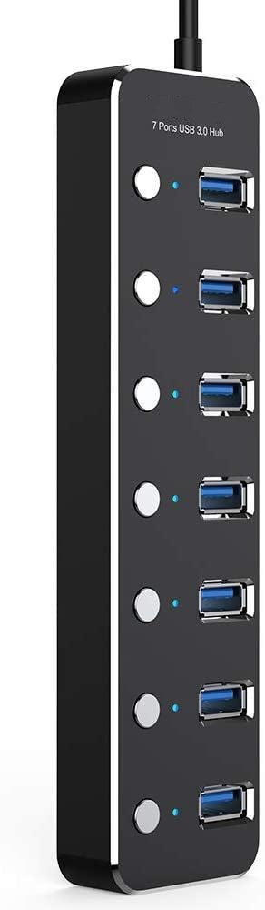 NÖRDIC drevet 7-ports USB 3.0 HUB med individuell bryter 5Gbps 25cm kabel aluminium svart med strømforsyning