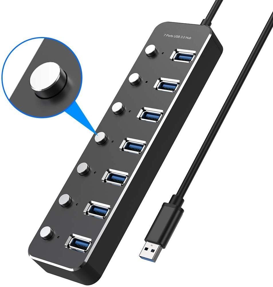 NÖRDIC drevet 7-ports USB 3.0 HUB med individuell bryter 5Gbps 25cm kabel aluminium svart med strømforsyning