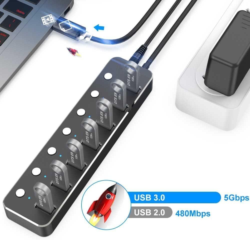 NÖRDIC drevet 7-ports USB 3.0 HUB med individuell bryter 5Gbps 25cm kabel aluminium svart med strømforsyning