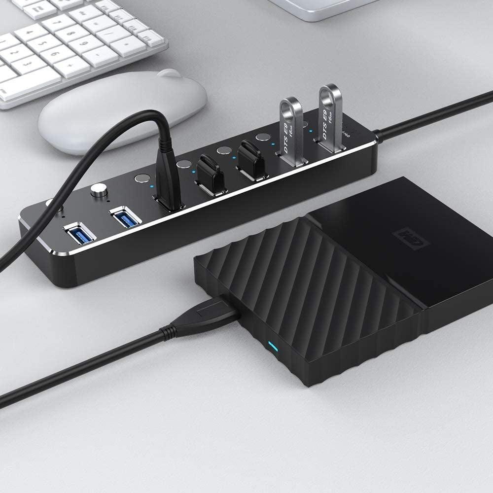 NÖRDIC drevet 7-ports USB 3.0 HUB med individuell bryter 5Gbps 25cm kabel aluminium svart med strømforsyning