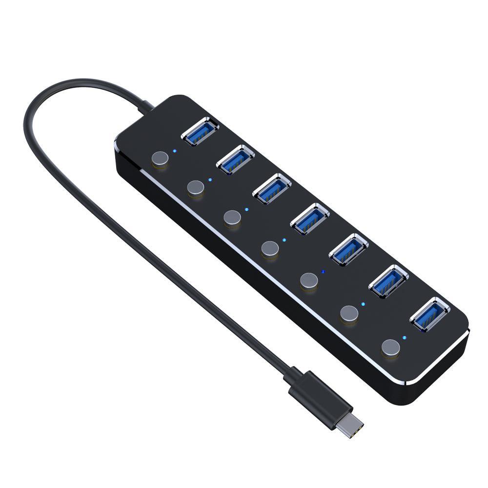 NÖRDIC drevet 7-ports USB-C 3.0 HUB med individuell bryter 5Gbps 25cm kabel aluminium svart med strømforsyning