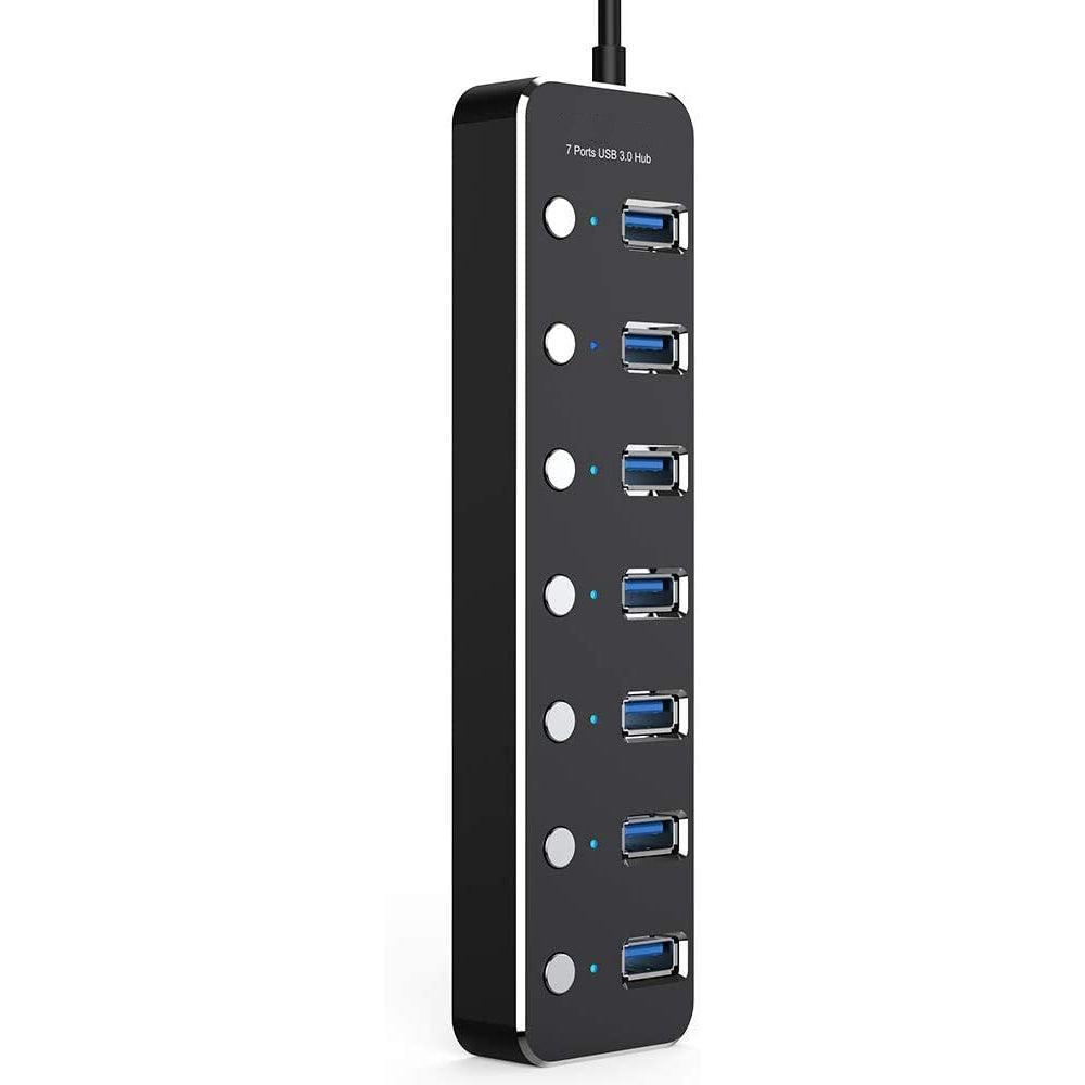 NÖRDIC drevet 7-ports USB-C 3.0 HUB med individuell bryter 5Gbps 25cm kabel aluminium svart med strømforsyning