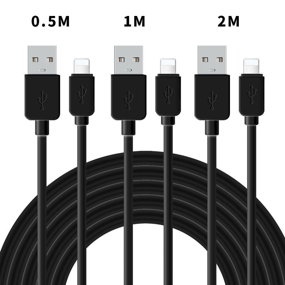 NÖRDIC kabelsett 3-pakning 0,5m + 1m + 2m Lightning (ikke MFI) til USB A 2,0 480Mbps 2,4A svart for Iphone og Ipad