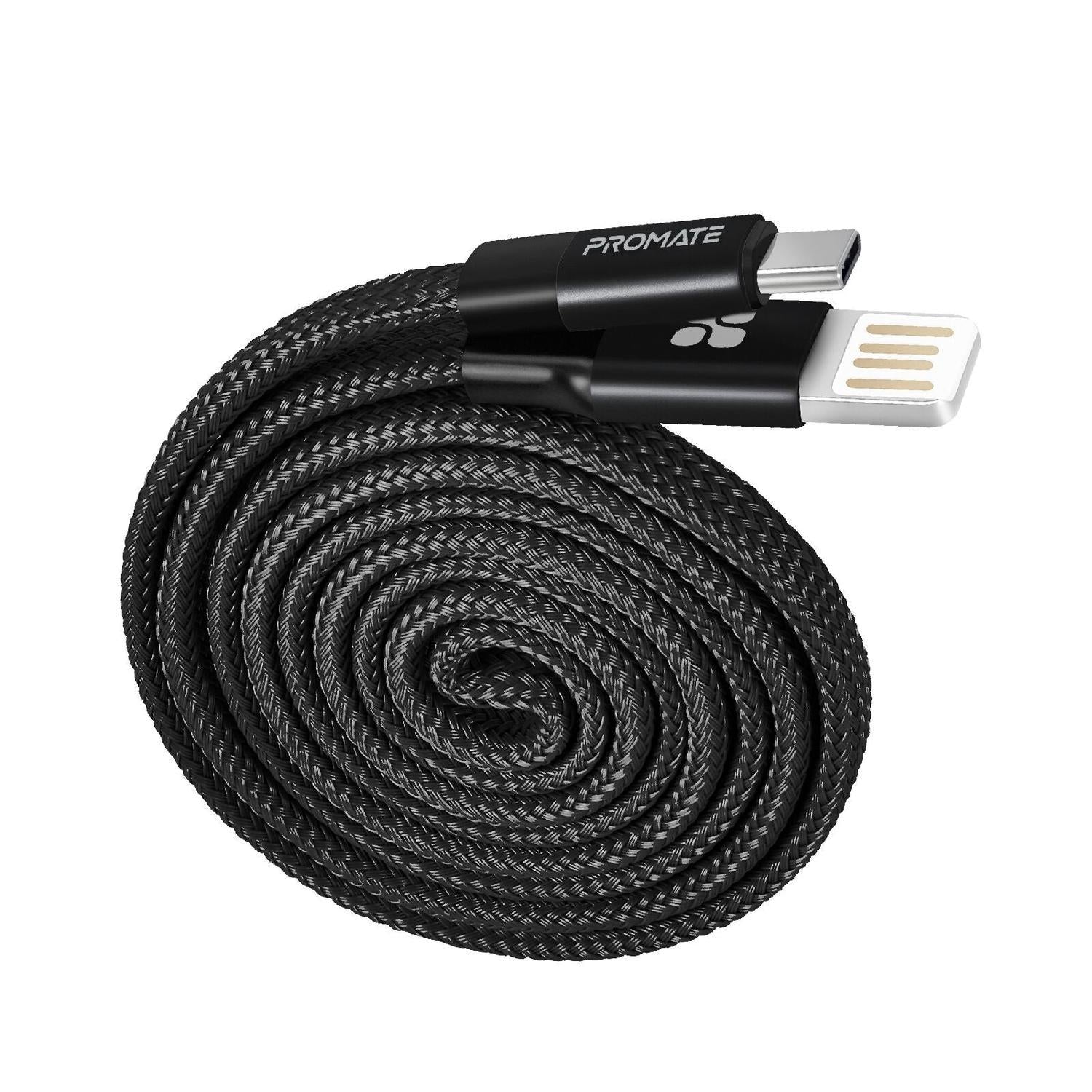Promate 1m USB A til USB C for lading og synkronisering 2A med Super Slim Design og Nylon Textile Cable