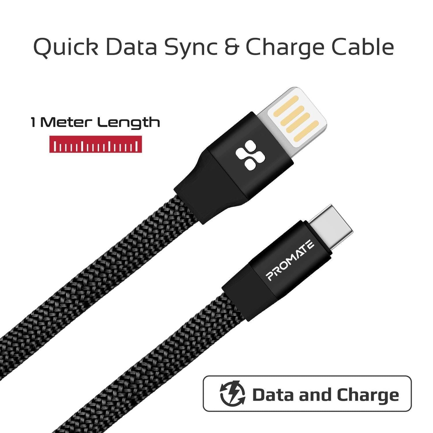Promate 1m USB A til USB C for lading og synkronisering 2A med Super Slim Design og Nylon Textile Cable