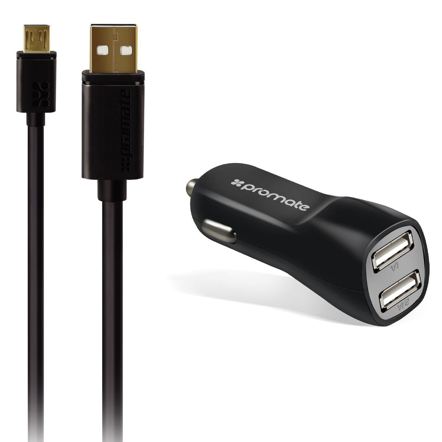 Promate Carkit-M Charger Kit 2Port 3.1a USB bil lader og USB-kabel 1.2m svart